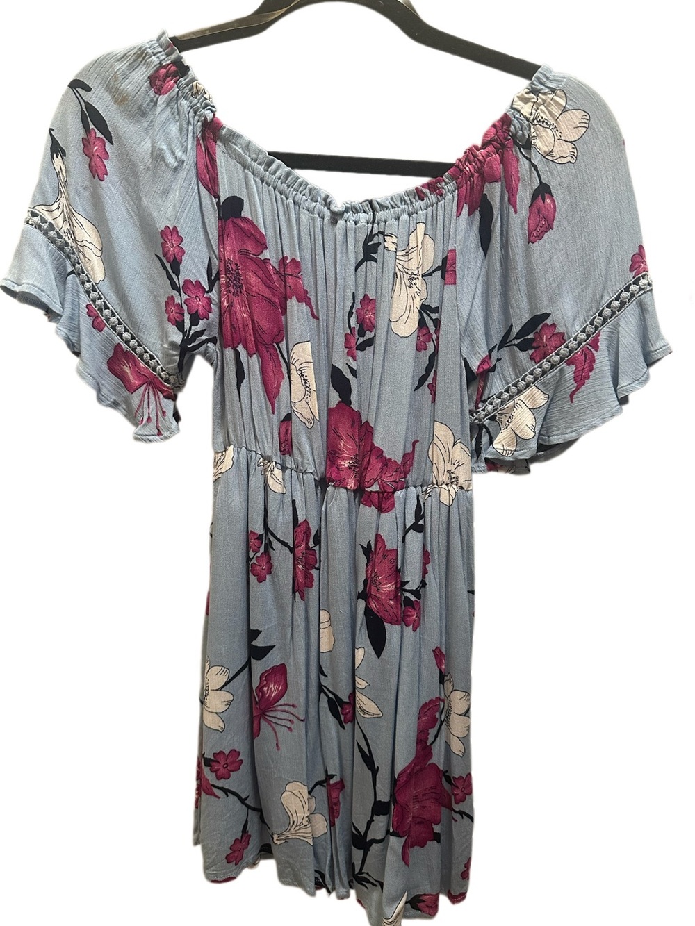 FAVLUX Light Blue Off-Shoulder Floral Tunic with Pink and Cream Flowers
